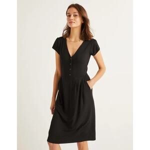 Boden Alberta Jersey Drapey Dress Black V-Neck Short Sleeve Pockets Size 8R